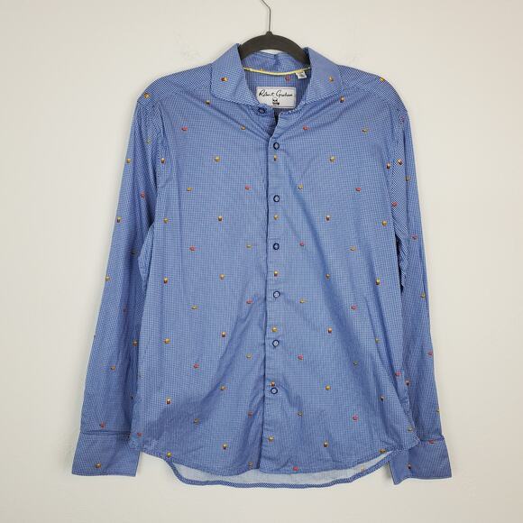 Robert Graham Shirt Tailored Fit Gingham Plaid Fast Food Novelty Print Blue - Picture 1 of 12